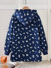 SHEIN Elladie kids 女童連帽厚抓絨復古碎花中長款秋冬外套 - 藏蓝色 - 查看 3