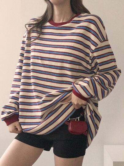 DAZY Women's Striped Crew Neck Drop Shoulder Long Sleeve Loose Sweatshirt