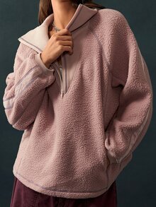 Bohemela Women's Solid Color Raglan Long Sleeve Half-Zip Fleece Sweatshirt - Purple - View 3