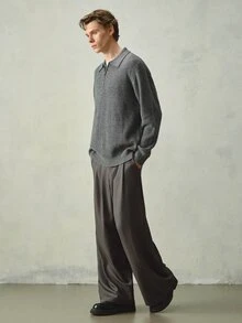 RONVEXI 男士秋冬落肩長袖半拉鍊針織毛衣，純色寬鬆休閒套頭衫 - 灰色 - 查看 2