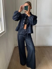 DAZY Women's Stand Collar Waist-Cinching Top And Loose Long Pants Casual Denim Set Fall - Dark Wash - View 3