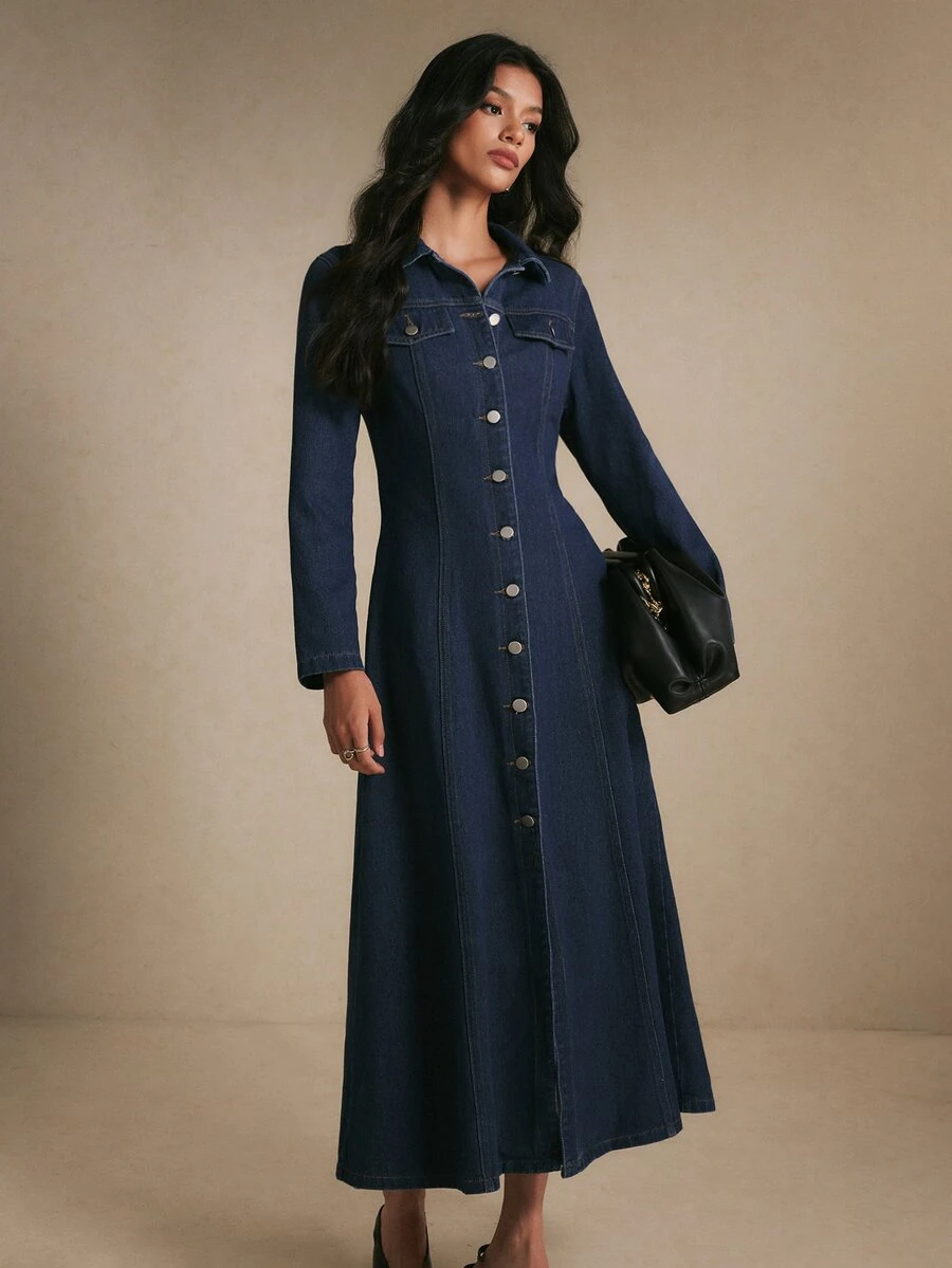 Poéselle Women's Collared Button Front Denim Midi Dress With Flap Chest Pockets, Fitted A-Line, Elegant - Dark Wash - View 1