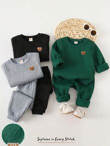 Cozy Pixies 小男孩裝飾拼接圓領長袖套頭運動衫與鬆緊腰長褲 6 件套 - 彩色 - 查看 4
