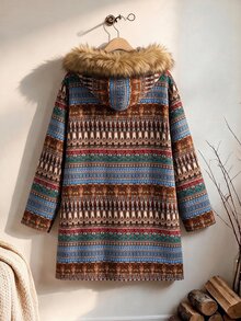 Rusticease Plus Size Women's Striped Long Sleeve Fur Collar Hooded Casual Jacket - Multicolor - View 2