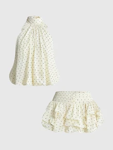 Sweetness Romantic Minimalist Sexy Halter Neck Top & Multi-Layer Ruffle Skirt Women's 2-Piece Set - Apricot - View 1