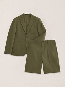 Suiteron Men's Solid Color Long Sleeve Jacket And Shorts Casual Suit Set Men's Italian-Style Relaxed Casual Suit Set For Vacation, Daily Commuting, Old Money - Army Green - View 5