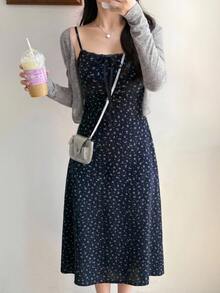 DAZY Women's Solid Color Long Sleeve Open Front Top And Ditsy Floral Cami Dress Elegant 2 Pieces Set Fall - Navy Blue - View 4