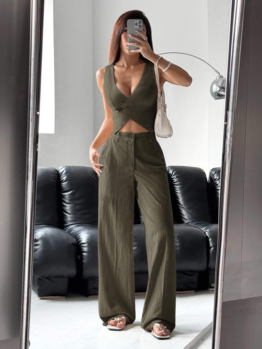 SHEIN EZwear 女款單扣背心與長褲套裝,純色,秋冬款 - 軍綠色 - 查看 1