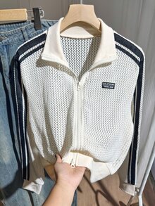 Comfortcana Plus Size Women's Casual Sporty Hollow Out Thin Jacket, Suitable For All Seasons Fall - Beige - View 6