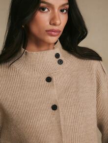Poéselle Cardigan Rajut Bergaris Lembut Warna Cokelat Muda untuk Wanita, Kerah Tegak Nyaman, Kancing Depan Asimetris, Jaket Sweater Musim Gugur Lengan Panjang dengan Bahu Longgar, Cocok untuk Mendaki Sehari-hari - Khaki - View 6