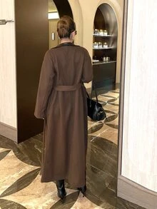 Livesso Brown Lapel Leather Patchwork Lace-Up Belt Slim Fit Long Sleeve Elegant Fashion Mid-Length Overcoat - Coffee Brown - View 2