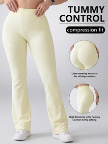 Easithlete Easithlete Plus Size Women Solid Color High Waist Daily Fitness Sports Flare Leggings Pilates Sports Butter Yellow Summer - Beige - View 1