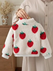 Baby Girl Cute Strawberry Print Teddy Fleece Zip Up Stand Collar Long Sleeve Warm Jacket, Toddler Casual Fall Winter Outerwear - White - View 2