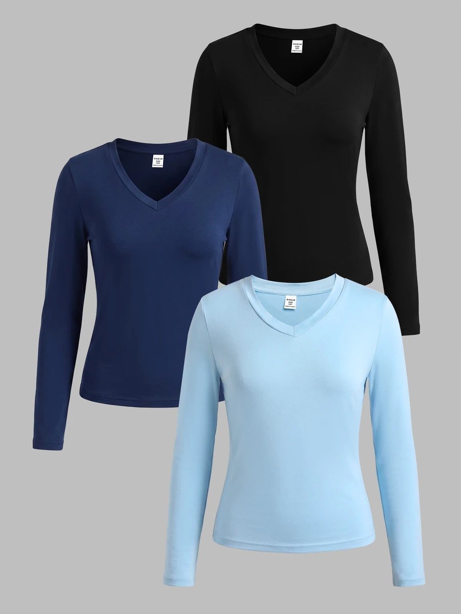 Tween Girls Autumn/Winter Navy Blue, Light Blue, Black V-Neck T-Shirt 3-Piece Set - Multicolor - View 1
