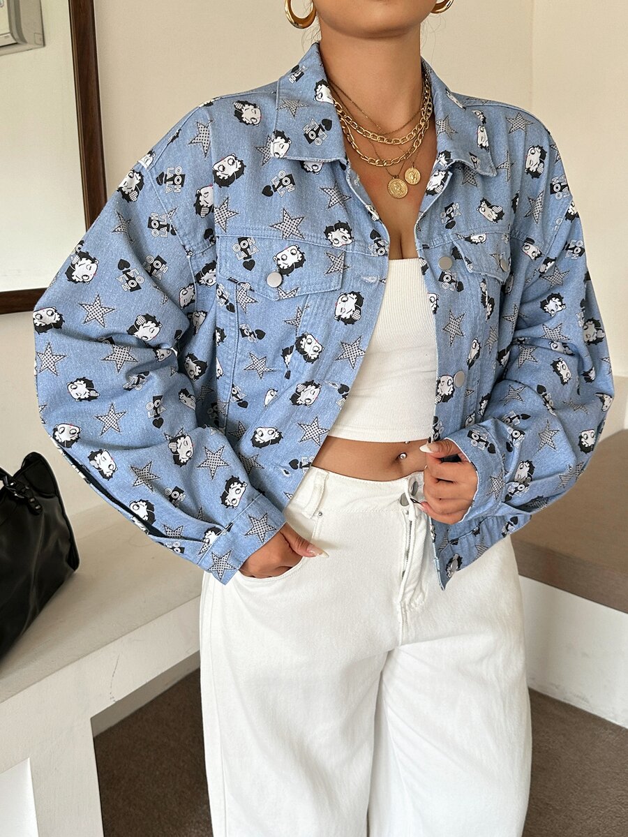 Betty Boop x DAZY Curve Jaket Denim Lengan Pendek/Panjang Longgar Vintage Motif Bunga Merek Betty Co-Branded untuk Musim Semi/Gugur - Light Wash - View 1