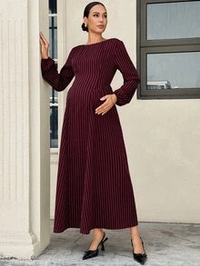 MaterniWear 孕婦秋季休閒通勤條紋洋裝 - 酒紅色 - 查看 5