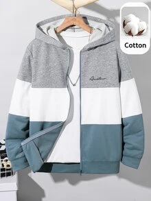 SHEIN 青少年男孩休閒字母圖案拼色連帽衛衣，適合秋冬返校季 - 彩色 - 查看 4