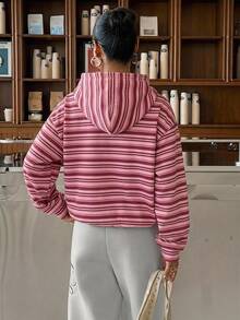 Muchica 80%棉女款休閒連帽衛衣，條紋衛衣，女款秋季服飾，冬季服飾，2026秋冬，休閒，Y2K，女款通勤穿搭，基本款，牛仔女郎，復古，返校，外出，校園服飾 - 彩色 - 查看 3