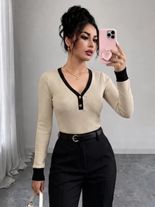 Franclia Kaos Lengan Panjang Wanita dengan Trim Kontras, Kerah V, dan Kancing, Cocok untuk Perjalanan, Pakaian Sehari-hari, di Rumah, dan Acara Kencan. - Aprikot - View 6