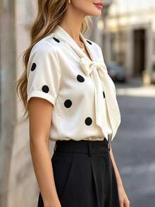 RosyDaze Plus Size Women's Polka Dot Print Tie Neck Short Sleeve Elegant Blouse - Apricot - View 5