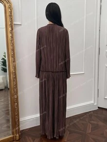 Yasmyna Women's Solid Color Ruffle Tie Neck Long Sleeve Elegant Arabian Dress - Brown - View 3