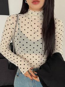 DAZY 女款時尚性感波點半透 T-shirt 秋季 - 杏色 - 查看 3