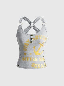 ROMWE Grunge Punk Tank Top Wanita Gaya Navy Motif Foil Abu-abu Vintage dengan Detail Kancing Silang Eyelet - Grey - View 1