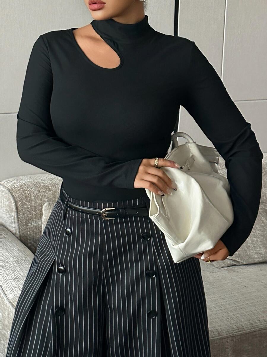 Livesso Solid Color High Neck Hollow Out Slim Fit Sexy Top Spring Autumn New Black T-Shirt - Black - View 1