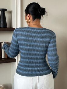 Dazy Plus Floral Yarn Asymmetrical Collar Fitted Long Sleeve Round Neck Casual Vacation Spring Autumn Top Cardigan - Dusty Blue - View 2