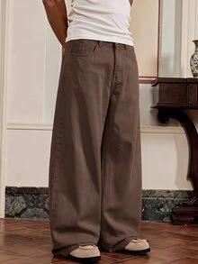 SWAVVY Men's Casual Versatile Everyday Denim Jeans With Pocket And Button - Brown - View 1