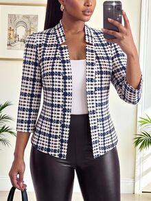 SHEIN Lady CURVE Plus Size Fashion Commuter Houndstooth Blazer - Multicolor - View 5