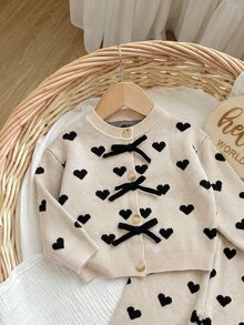 SHEIN 女嬰愛心圖案長袖上衣與長褲休閒針織套裝 - 卡其色 - 查看 3
