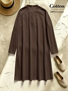 Rusticease Women's Loose Long Sleeve Short Dress With Frog Button Design Everyday Tea Party Night Coffee Brown Autumn Modest Elegance Elegant - Brown - View 2