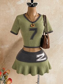 Soleia Sweater Lengan Pendek Motif Angka Hijau dan Putih untuk Sehari-hari di Sekolah, Musim Gugur, Gaya Preppy Streetwear - MultiWarna - View 1
