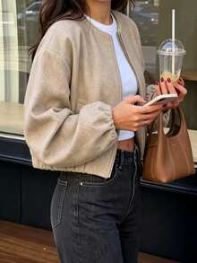 Pariaura Women's Khaki Fall/Winter Crew Neck Zip Drop-Shoulder Crop Jacket,Long-Sleeve Pocket Hem Cinched Short Top,Chic Occasion Wear For Daily Outing Commute - Brown - View 6