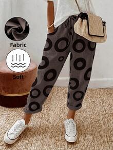 SHEIN Holidaya Women's Waist Tie Pocket Round Pattern Casual Tapered Pants - Grey - View 3