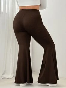 SHEIN EZwear 大尺碼女款純色休閒百搭日常穿著喇叭褲 - 棕色 - 查看 3