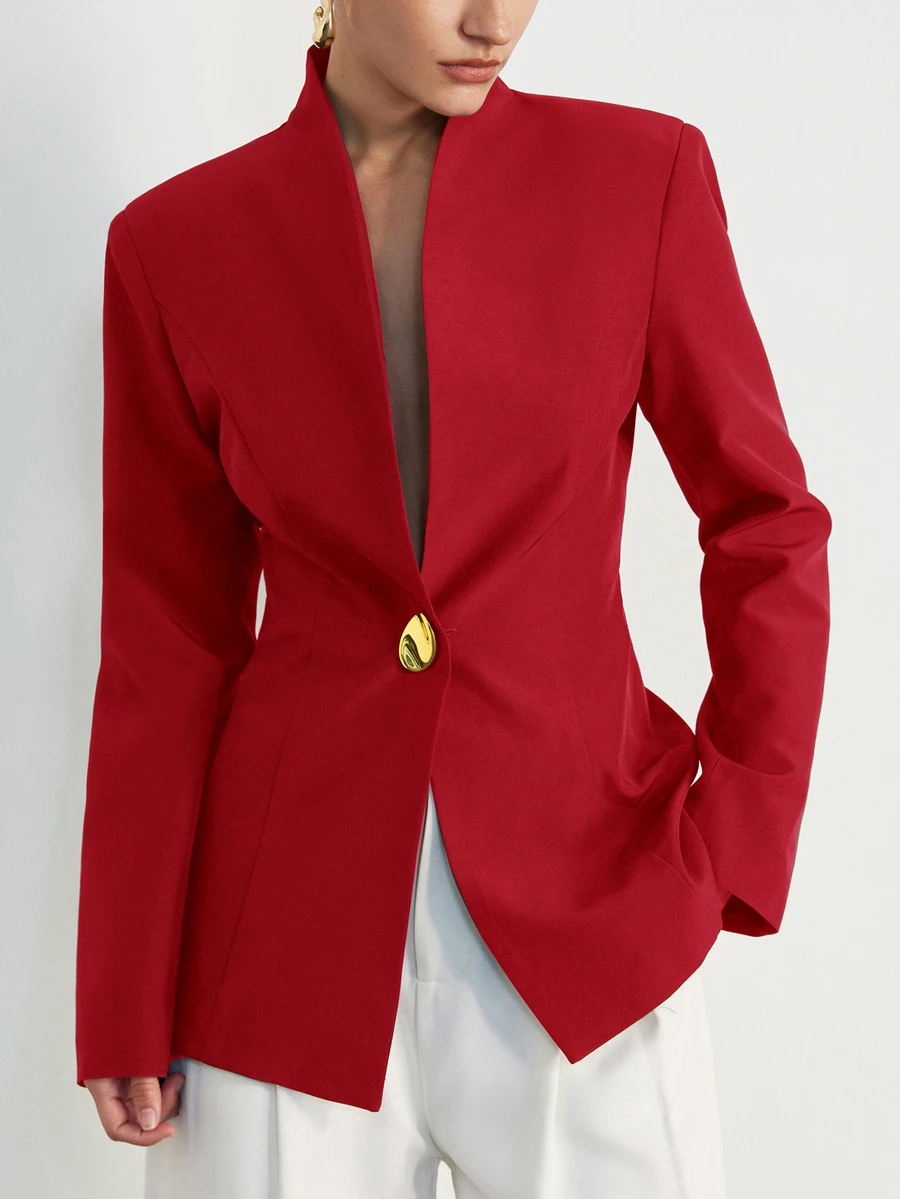 Aveloria Modichic Blazer Wanita Gaya Eropa & Amerika Terbaru, Serbaguna, Elegan, Minimalis, Cocok untuk Komuter, Dekorasi Gesper Logam, Warna Solid, Desain Tanpa Kerah Premium - Burgundy - View 1