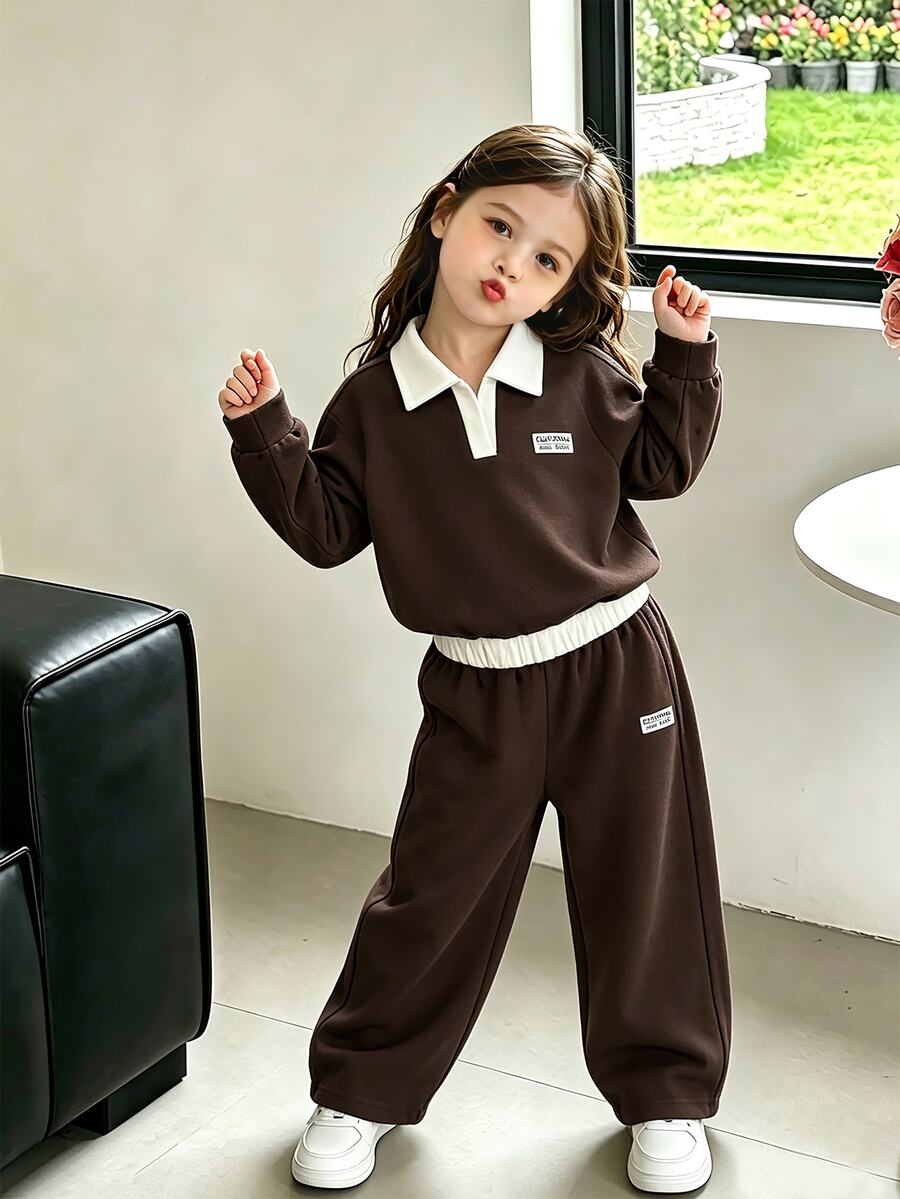 Genkimix Kids 女童 2 件組復古美式學院風棕色上衣與寬腿褲套裝,休閒秋季長袖圓領套裝 - 棕色 - 查看 1