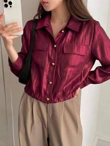 DAZY 春季休閒女款白色襯衫，翻領大口袋設計，適合秋季穿著 - 酒紅色 - 查看 5