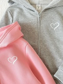 SHEIN Young Girl Solid Color Kids Heart Pattern Knitted Hooded Casual Autumn Sweatshirt 2pcs -Piece Set - Multicolor - View 4