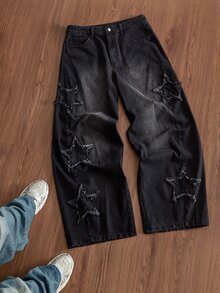 SWAVVY Men's Five-Point Star Frayed Patchwork Wide Leg Jeans - Black - View 3