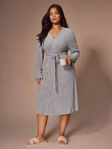 Lazeform Plus Size Women's Comfortable Casual Gray Brushed Ribbed Robe - Grey - View 5