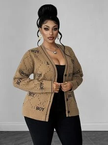 Maweii Plus Size Women's Letter Print Casual Versatile Everyday Cardigan Winter - Mocha Brown - View 1