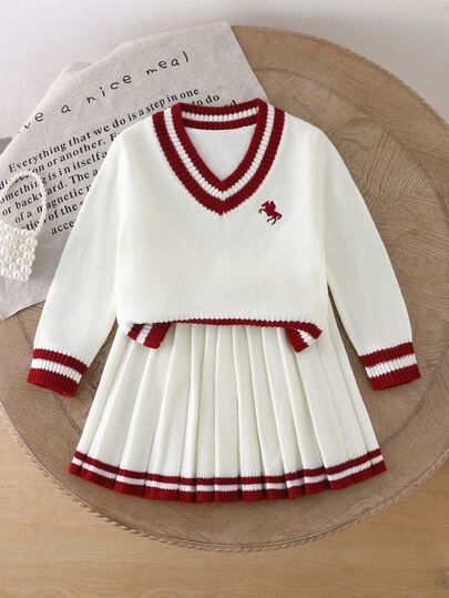 SHEIN 2pcs Young Girls Sweater Set, Fashionable Versatile Colorblock Double Stripe Trim V-Neck Long Sleeve Sweater With Red Black Horse Embroidery Pattern On Chest, Paired With Matching Pleated Mini Skirt, Fresh Preppy Style, Regular Thickness, Neat Hem, Fitted Cuffs, Soft And Skin-Friendly, Looks Great Worn Separately, Suitable For Daily Wear, School, Outings And Other Occasions, Autumn/Winter Outfit