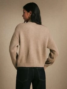 Poéselle Cardigan Rajut Bergaris Lembut Warna Cokelat Muda untuk Wanita, Kerah Tegak Nyaman, Kancing Depan Asimetris, Jaket Sweater Musim Gugur Lengan Panjang dengan Bahu Longgar, Cocok untuk Mendaki Sehari-hari - Khaki - View 3