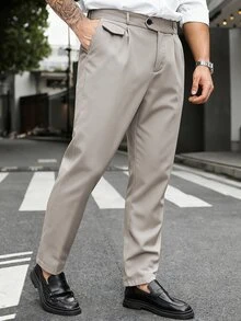 Manfinity Mode 男士大尺碼鈕扣口袋休閒商務西裝長褲 - 淺灰色 - 查看 3