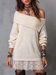 SHEIN Women's Autumn/Winter Thick Knit Off-Shoulder Off-Shoulder Sweater Dress - Apricot - View 4
