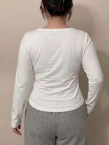 Dazy Plus Solid Color Small Square Neck Korean Style Versatile Long Sleeve White T-Shirt - White - View 5