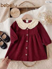 SHEIN Baby Girl Contrast Color Peter Pan Collar Front Button Dress - Red - View 10